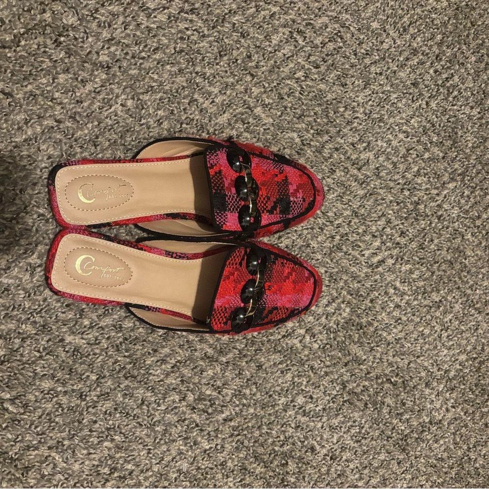 C. Wonder Red and Black Snake Print Mules